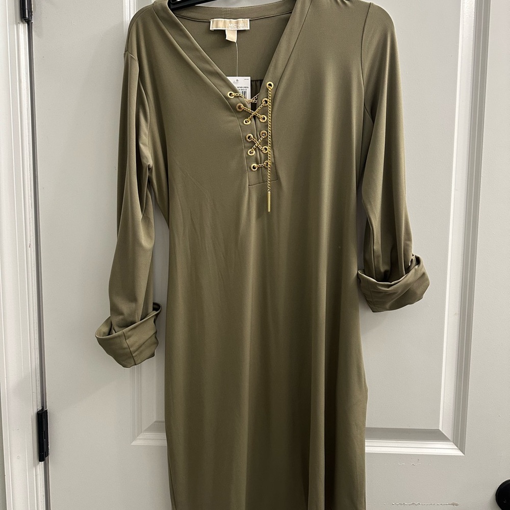 Michael Kors Green Sheath Dress Long Sleeve V-neck